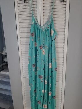 Turquoise Floral Maxi Dress - Lightweight Spaghetti Strap